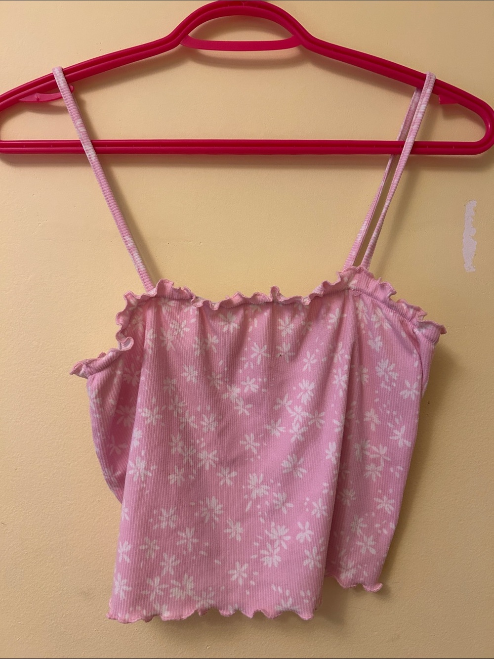Ardene Pink Floral Ribbed Cami with Ruffle Trim